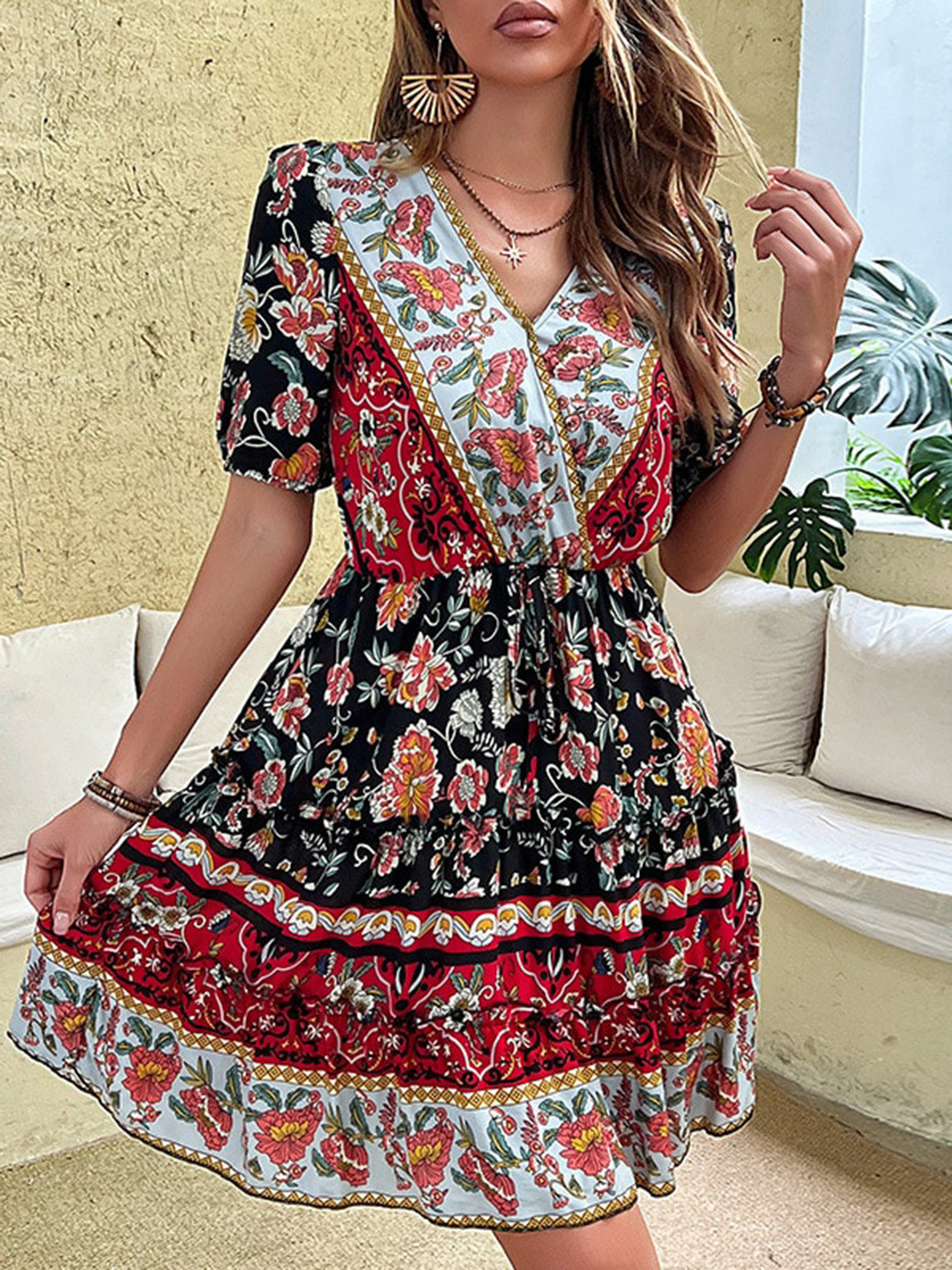 StyleCast Black & Red Bohemian Floral Printed A-Line Midi Dress