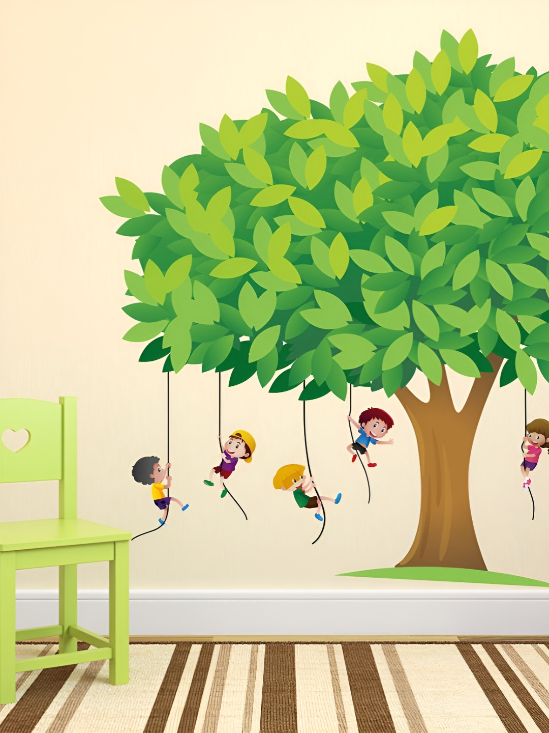 LANSTICK Green & Brown Children Play The Park Printed Self Adhesive Wall Sticker