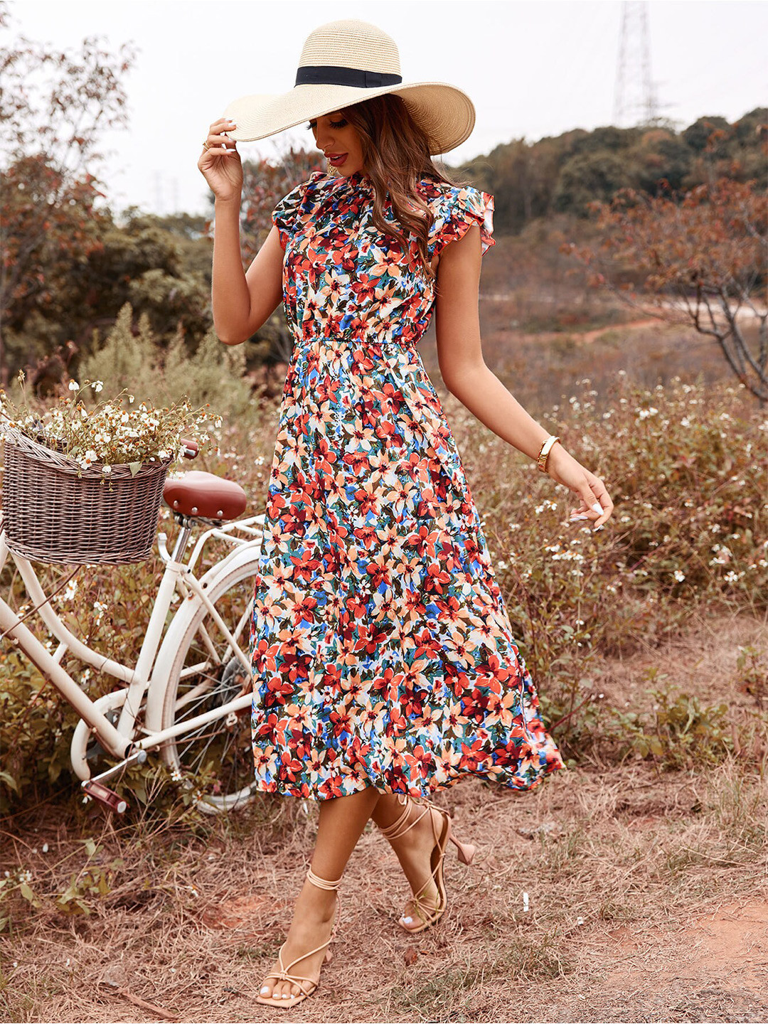 StyleCast Red Floral Printed High Neck Flutter Sleeve Fit & Flare Midi Dress