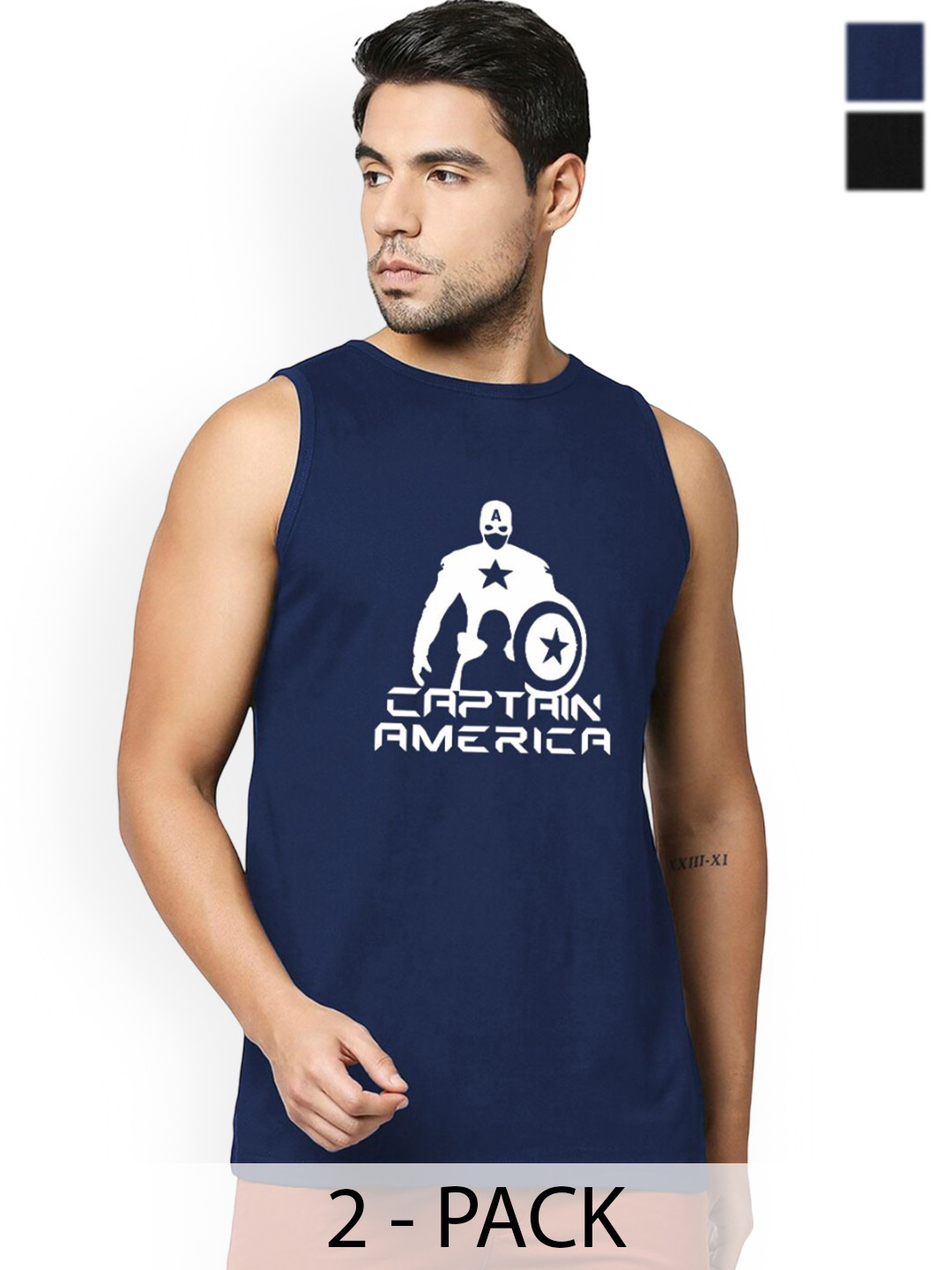 Organic Chics Pack Of 2 Avengers Printed Cotton Vests Black Avenger - Navy Captain_S