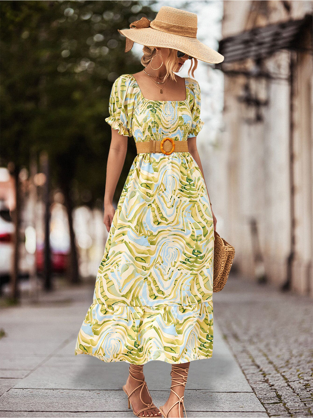StyleCast Cream & Green Printed Off-Shoulder A-Line Midi Dress