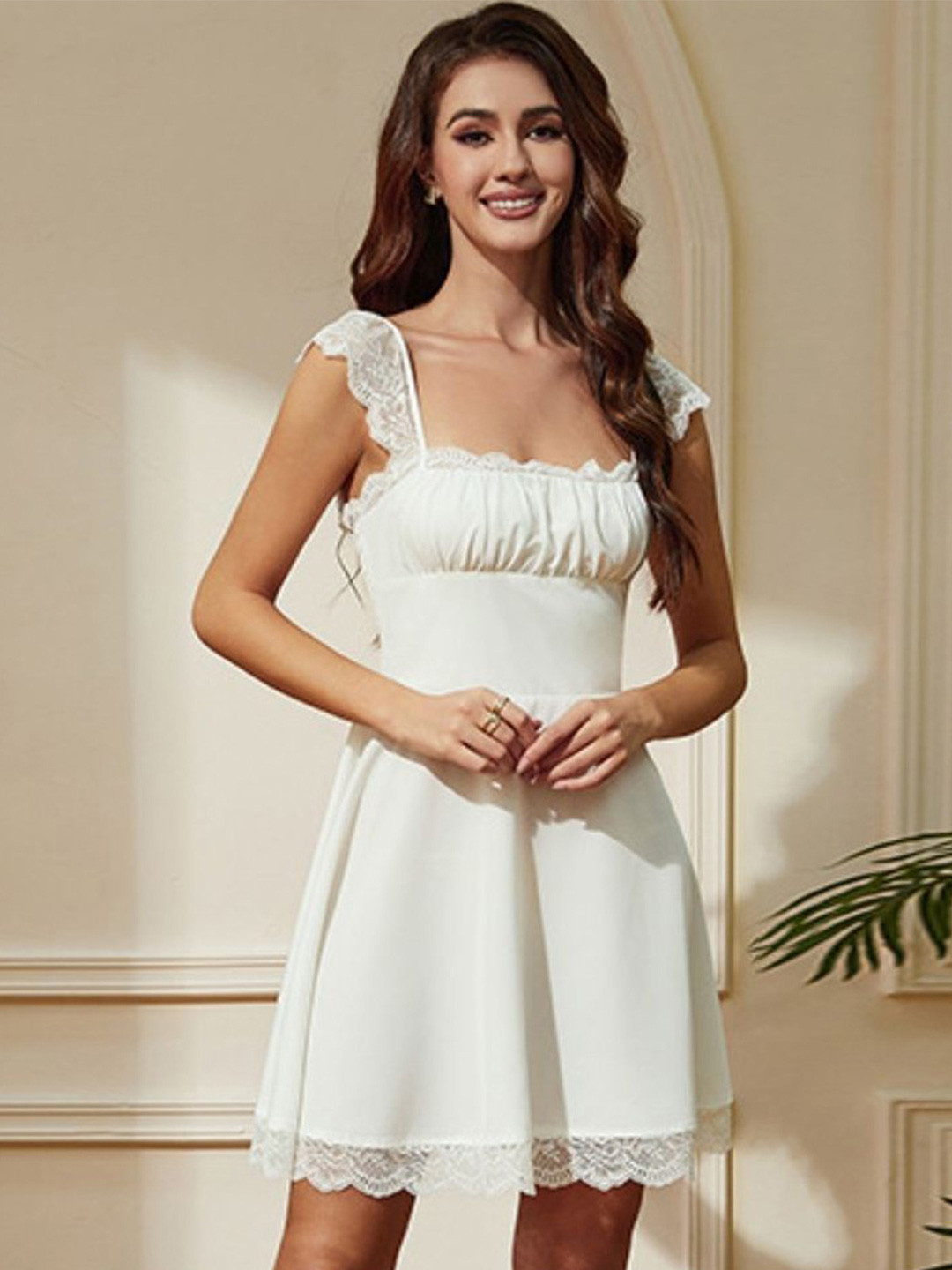 KPOP White Square Neck Solid Short Sleeves Polyester A-Line Dress