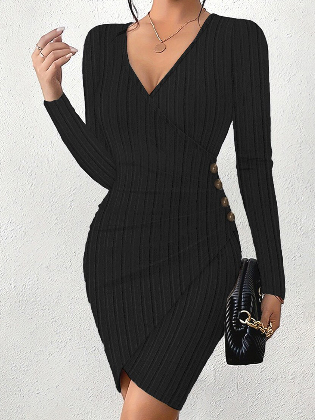 StyleCast Black Striped Knee Length Wrap Dress
