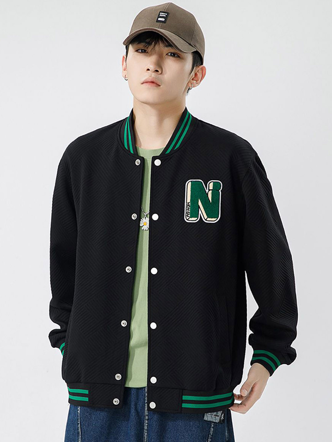 Men Black & Green Casual Bomber Jacket with Brand Logo