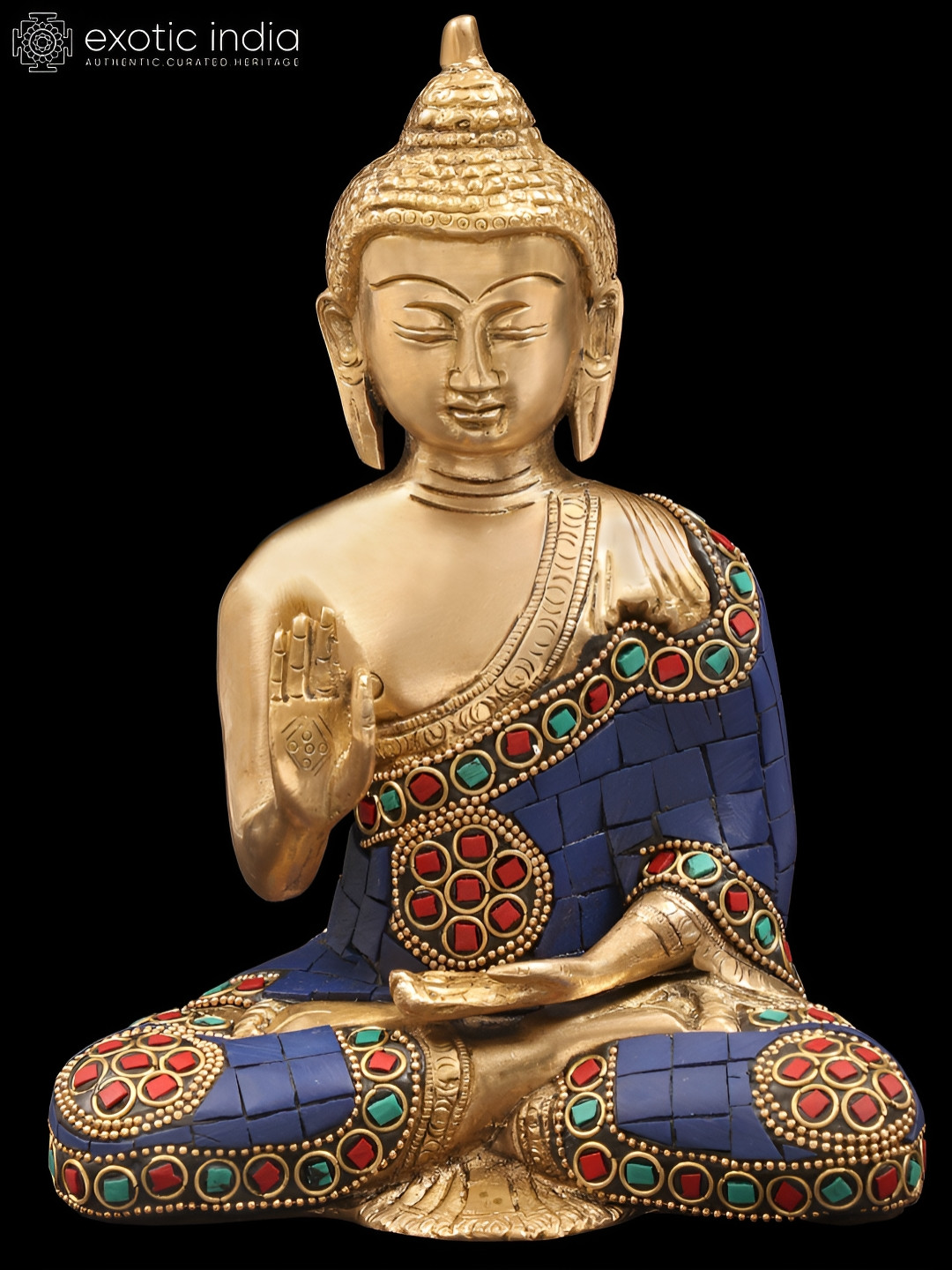 Exotic India Tibetan Buddhist Blessing Buddha Blue Brass Metallic Living Room Hand Made Medium Showpiece - 10.2 Inches