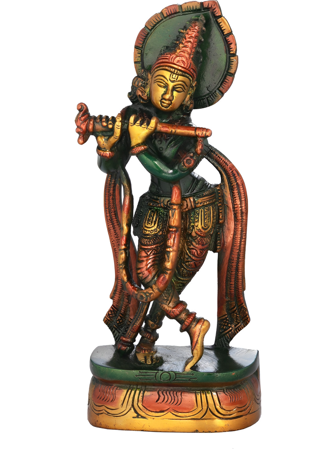 Exotic India Lord Krishna Playing On Flute Green Brass Metallic Prayer Room Hand Made Small Showpiece - 7.5 Inches