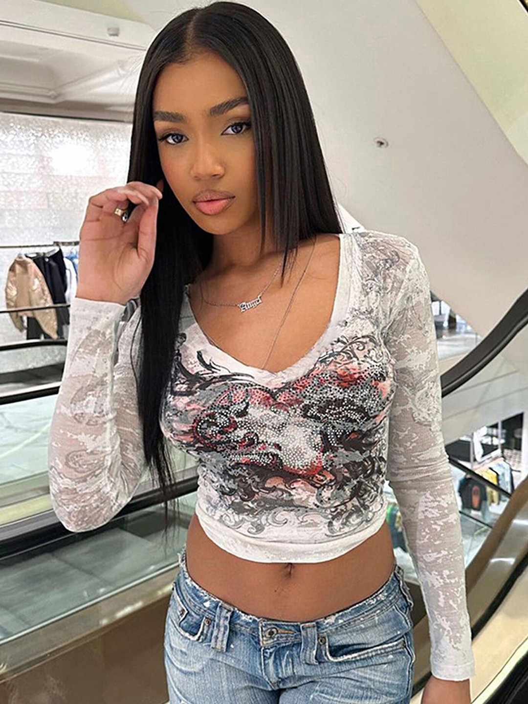 LULU & SKY Off White Floral Crop Top with Scoop Neck