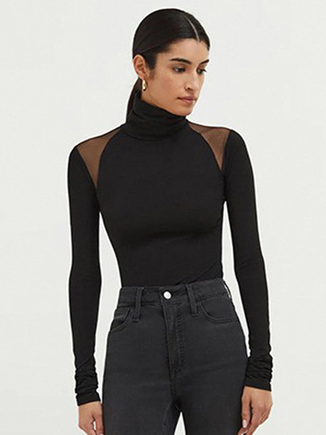 LULU & SKY High Neck Mesh-shoulder Detail Long Sleeves Fitted Top