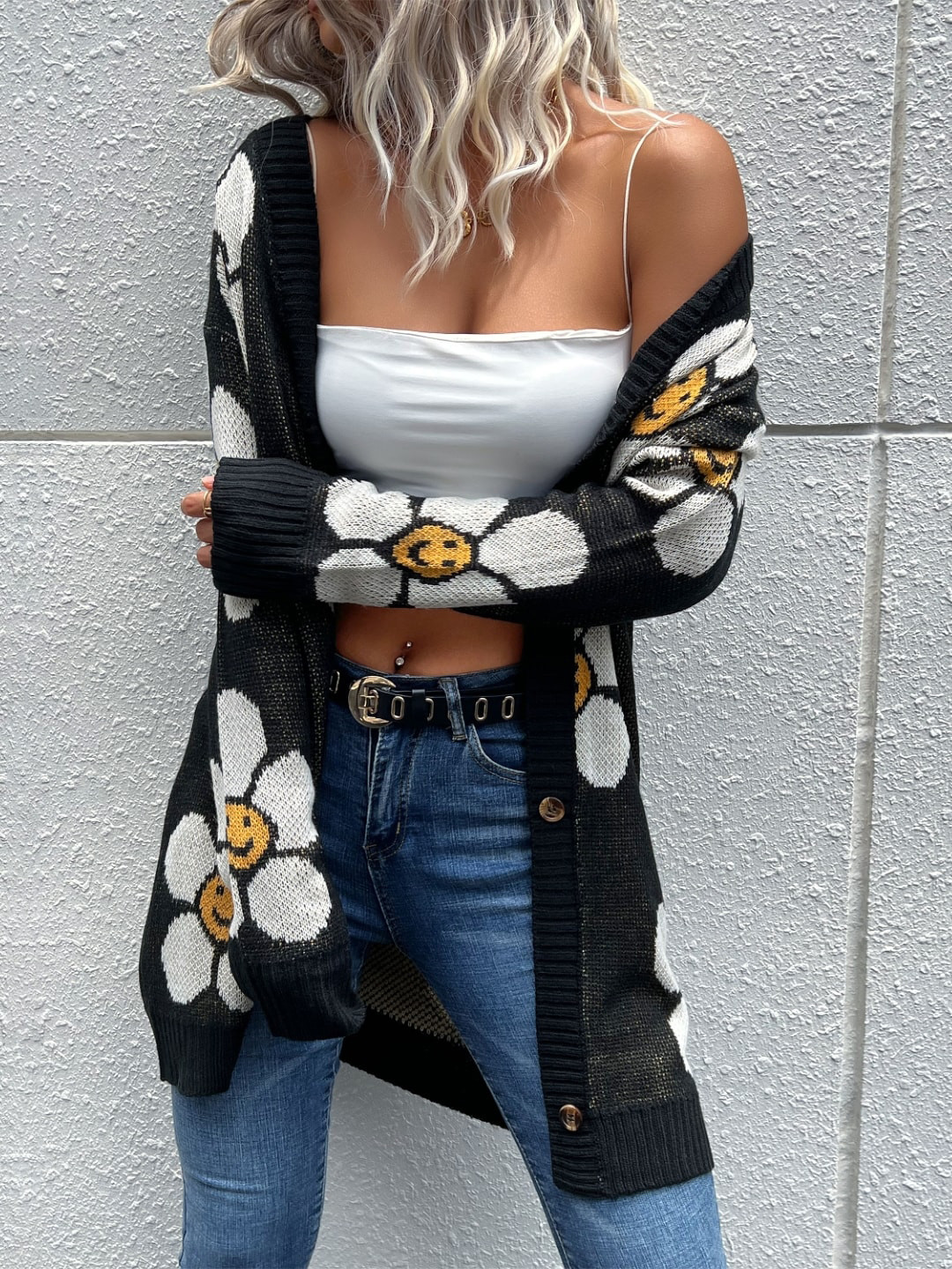 StyleCast Black & White Graphic Printed V-Neck Longline Cardigan