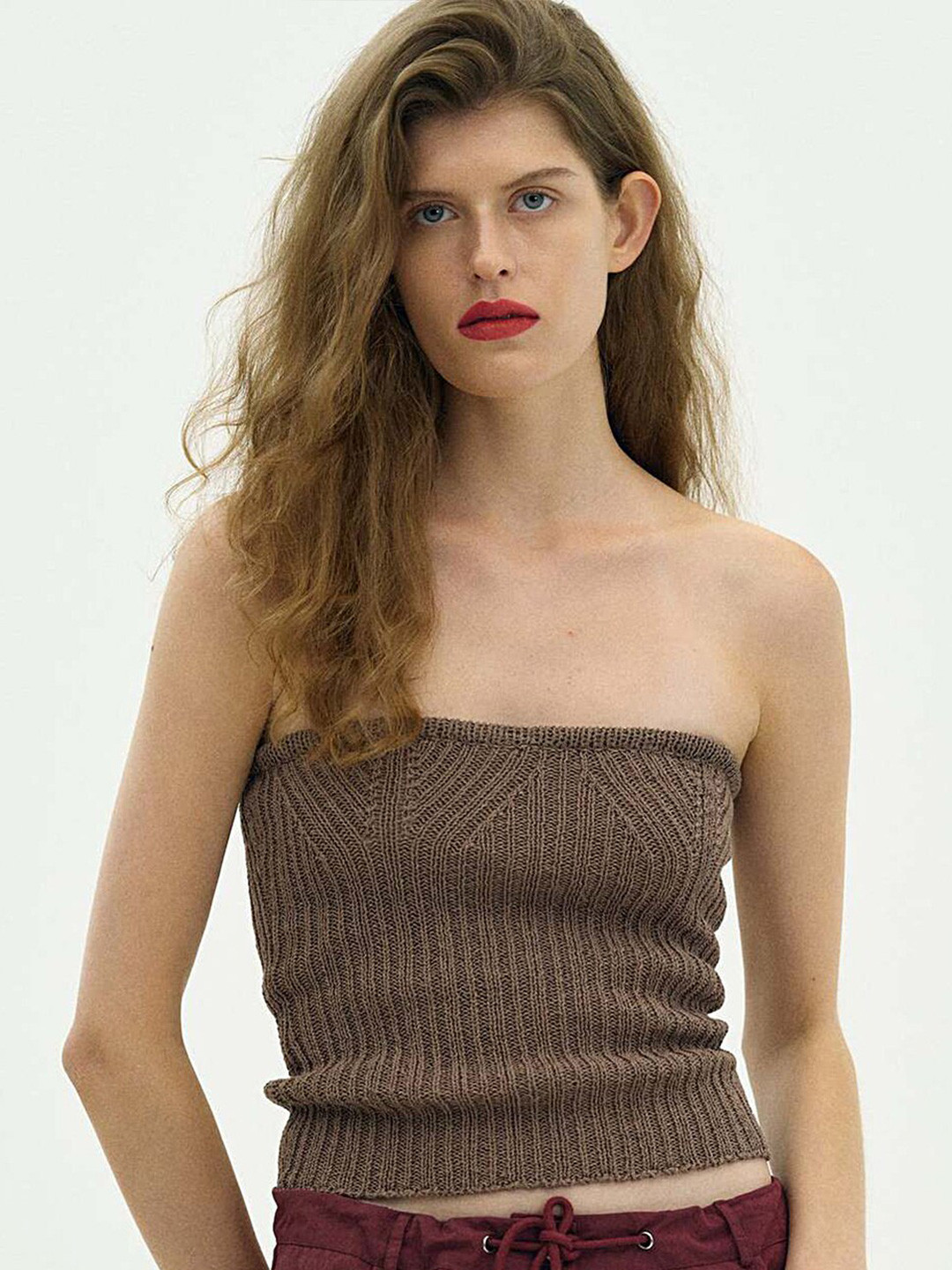 LULU & SKY Brown Strapless Knitted Tube Crop Top