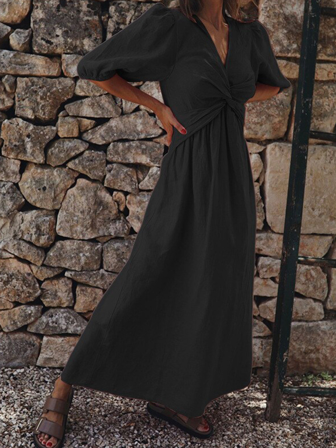 StyleCast x Revolte Black Twisted Linen Maxi Dress