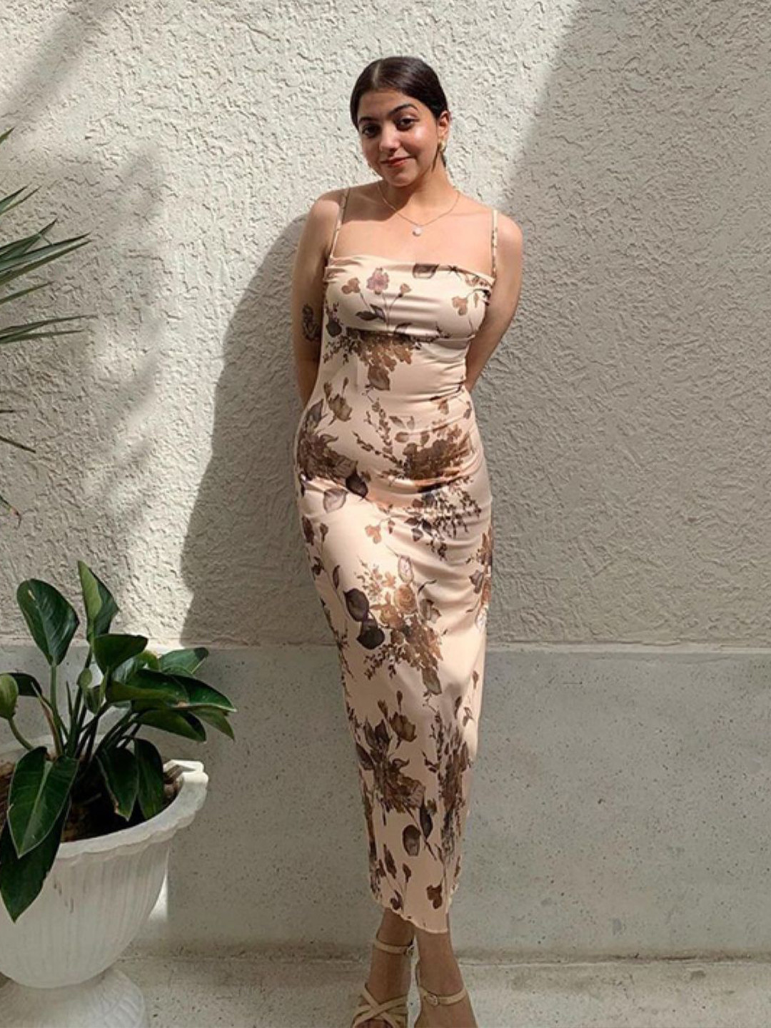 StyleCast Floral Printed Shoulder Straps Maxi Bodycon Dress