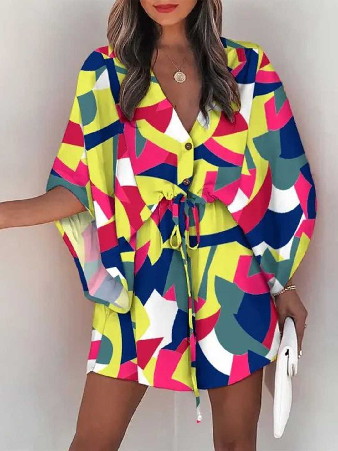 StyleCast Printed Kimono Sleeve Fit and Flare Mini Dress