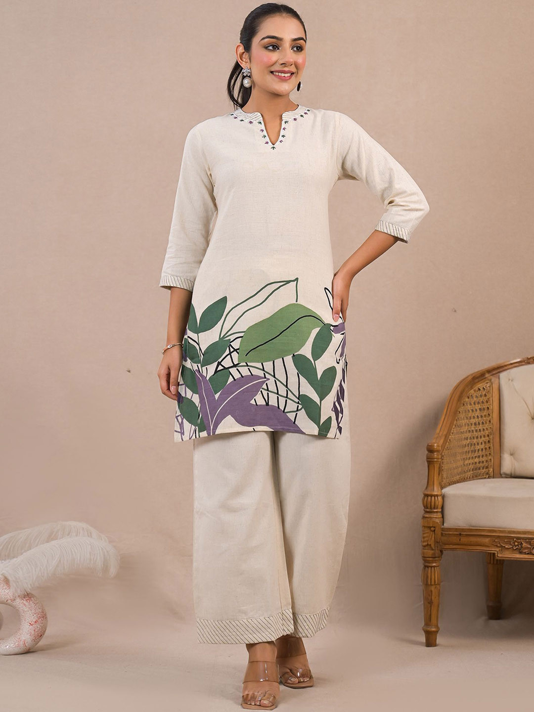 CHETI Floral Printed Mandarin Collar Tunic With Palazzo