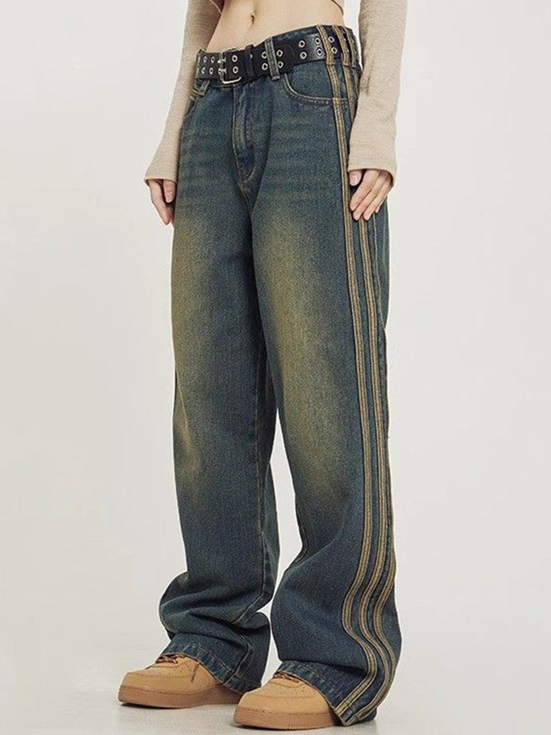 StyleCast Women Relaxed Fit High-Rise Light Fade Jeans with Side Stripe
