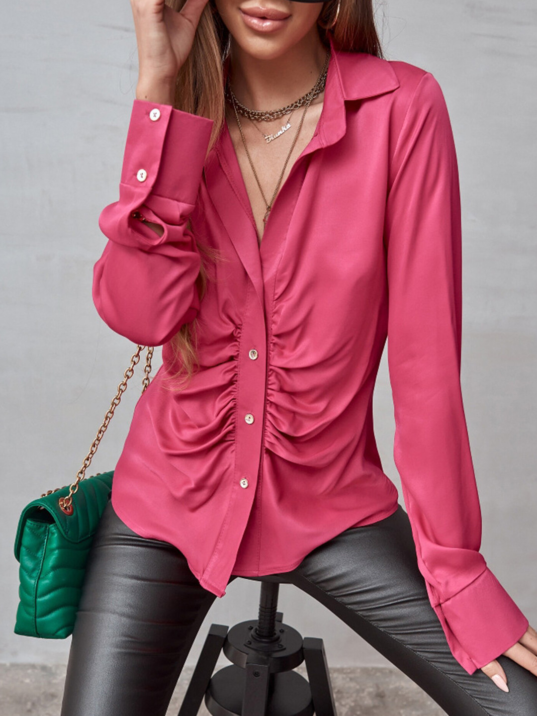 LULU & SKY Shirt Collar Gathered Satin Shirt Style Top
