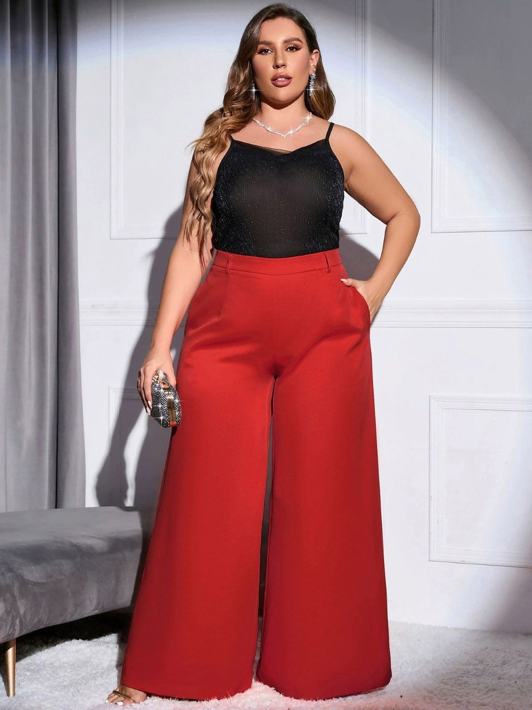 Red High-Rise Relaxed Fit Wide Leg Trousers