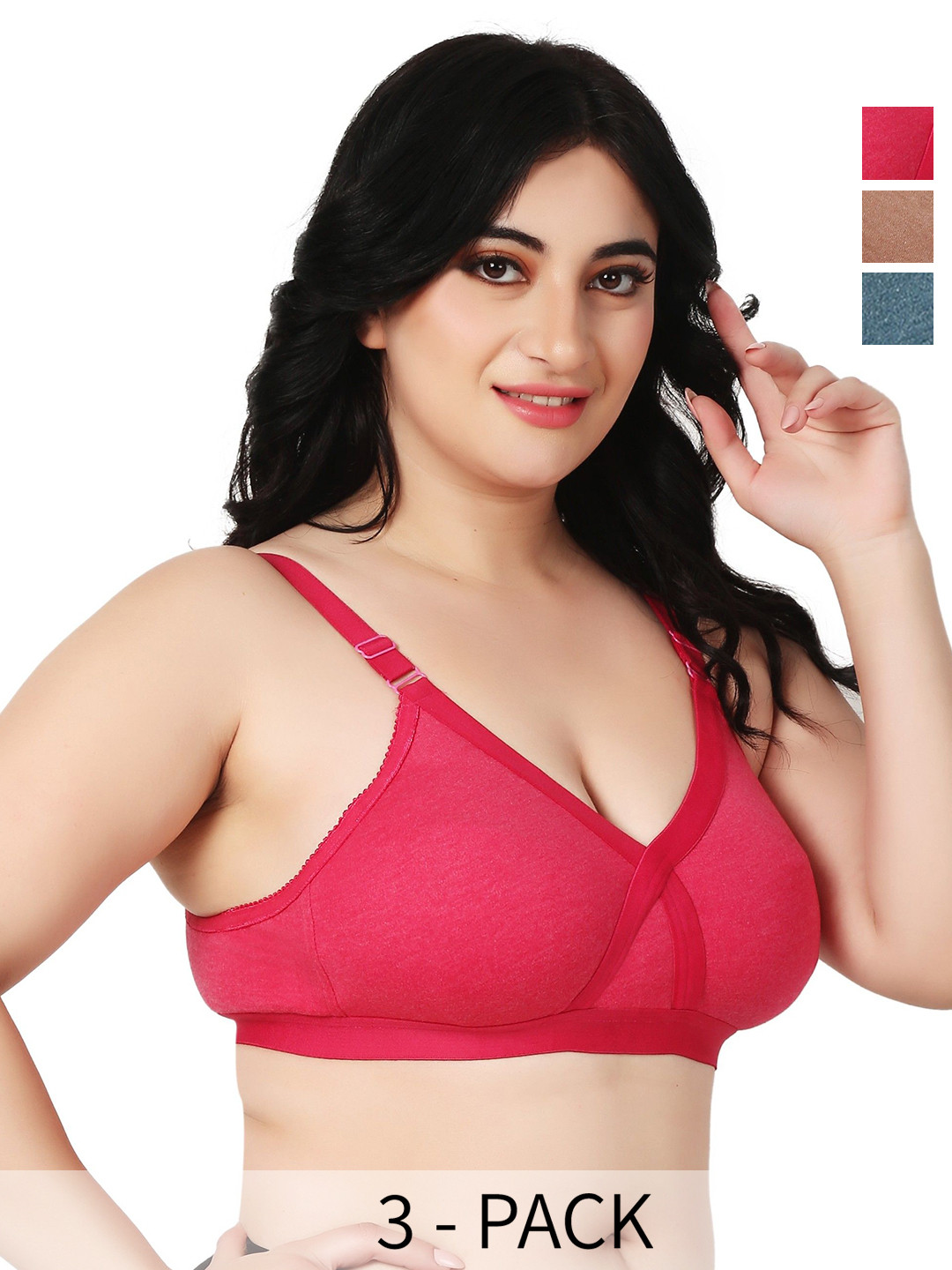 Designer Bugs Zan Women Pack of 3 Cotton Plus Size Full Coverage Non Padded T-shirt Bra