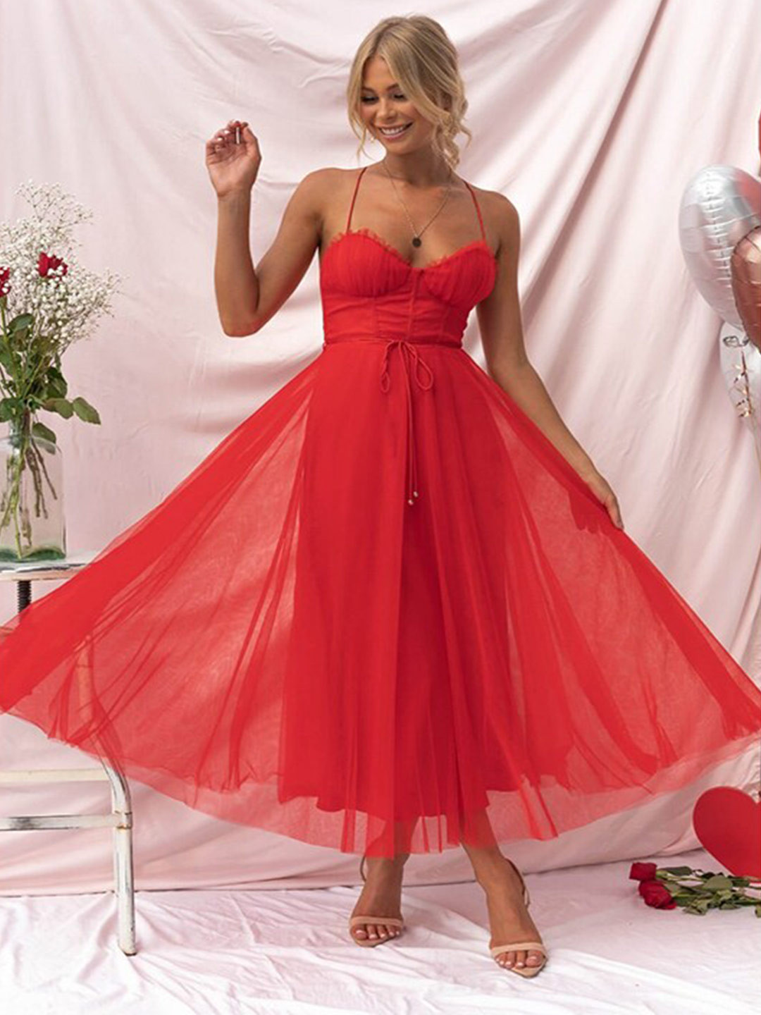 StyleCast Red Shoulder Straps Fit & Flare Maxi Dress