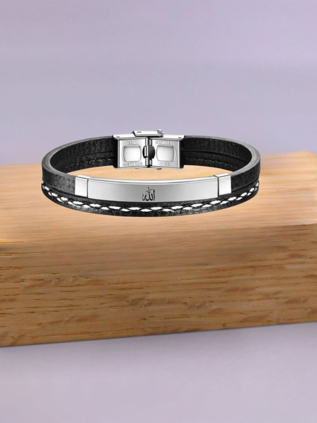 M Men Style Men Stainless Steel Silver-Plated Islamic Allah Leather Wraparound Bracelet