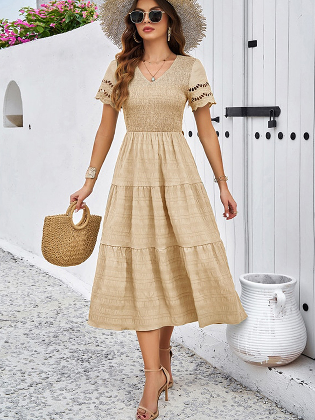 Khaki Layered Solid Short Sleeves A-Line Midi Dress