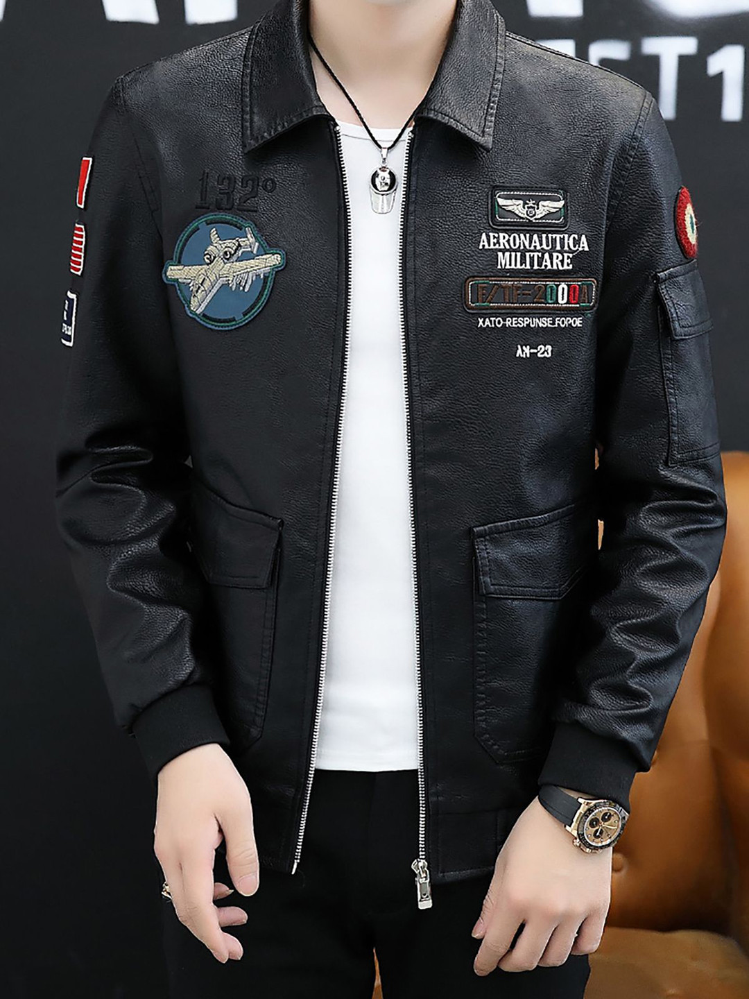 StyleCast x Revolte Men Spread Collar Graphic Printed PU Casual Windcheater Jacket