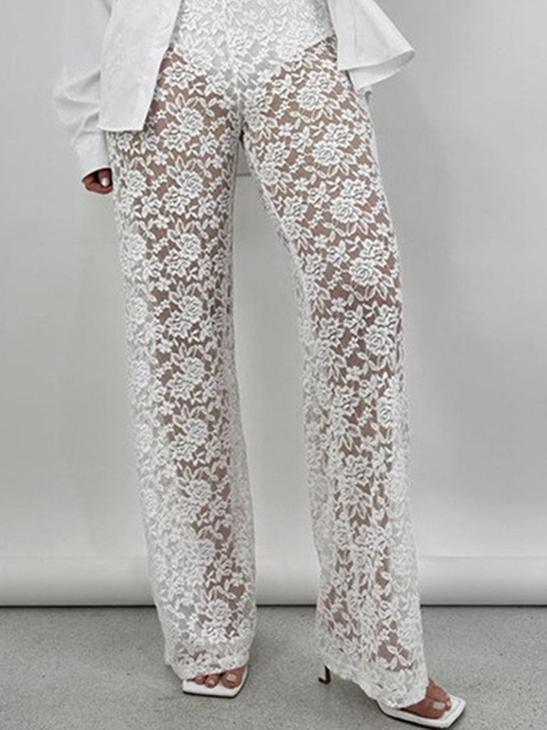 StyleCast Women White Floral Laced High-Rise Easy Wash Sheer Parallel Trousers