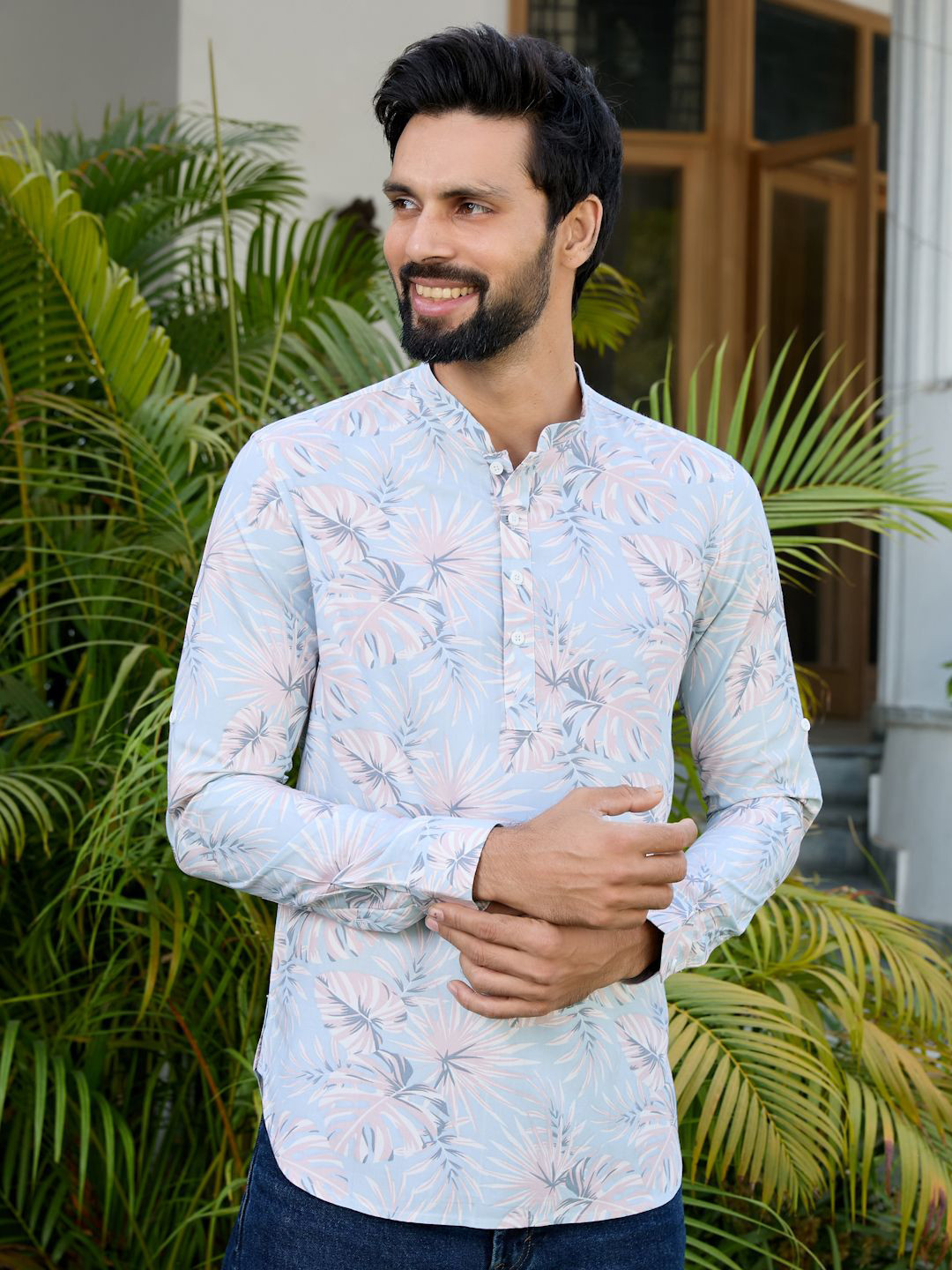 See Designs Printed Mandarin Collar Thread Work Short Kurta
