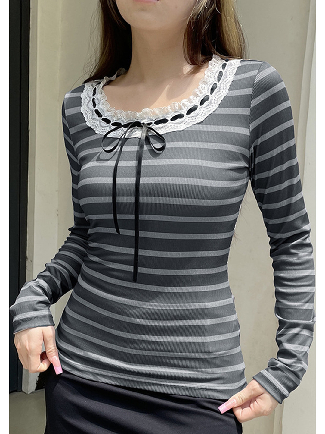 LULU & SKY Women Horizontal Striped Tie-Up Neck Top