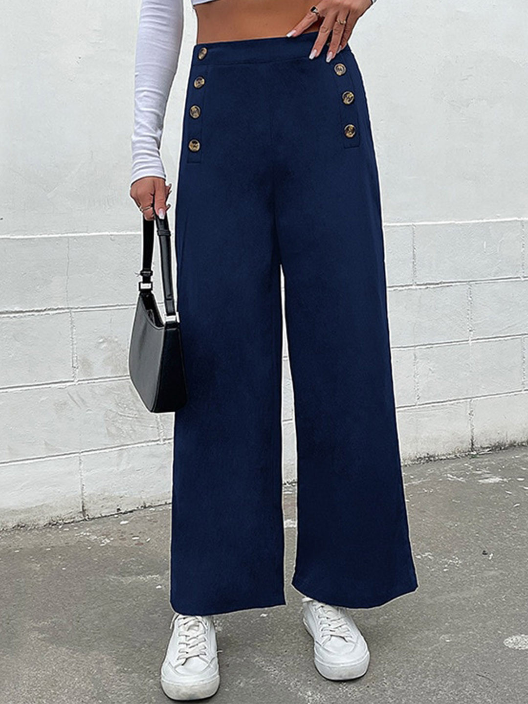 StyleCast Women Navy Blue Loose Fit High-Rise Parallel Trousers