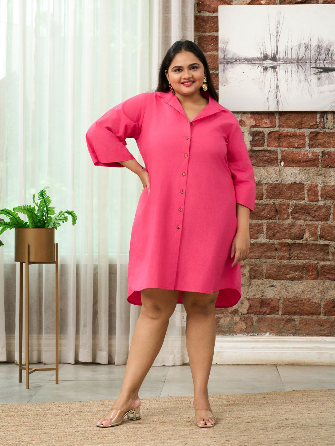 NANGALIA RUCHIRA Women Fuchsia Pink Button-Down Shirt Dress