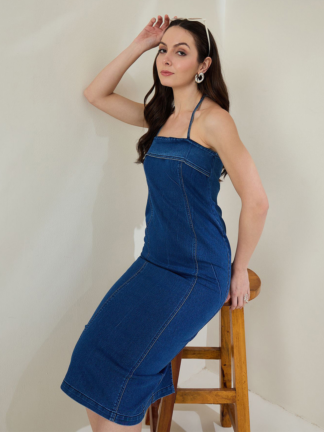 StyleStone Halter Neck Denim Bodycon Dress