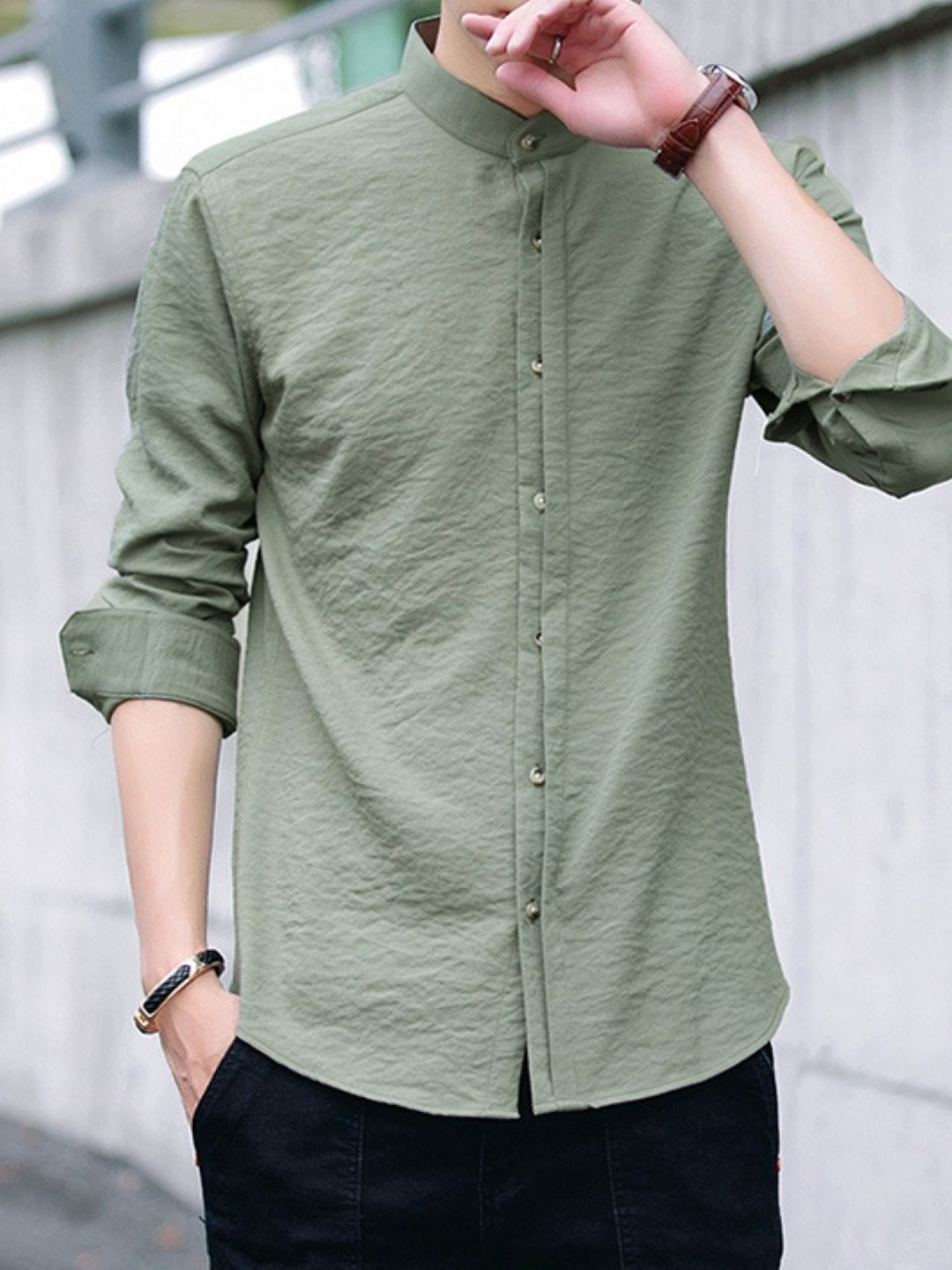 KPOP Self Design Band Collar Original Regular Fit Casual Shirt