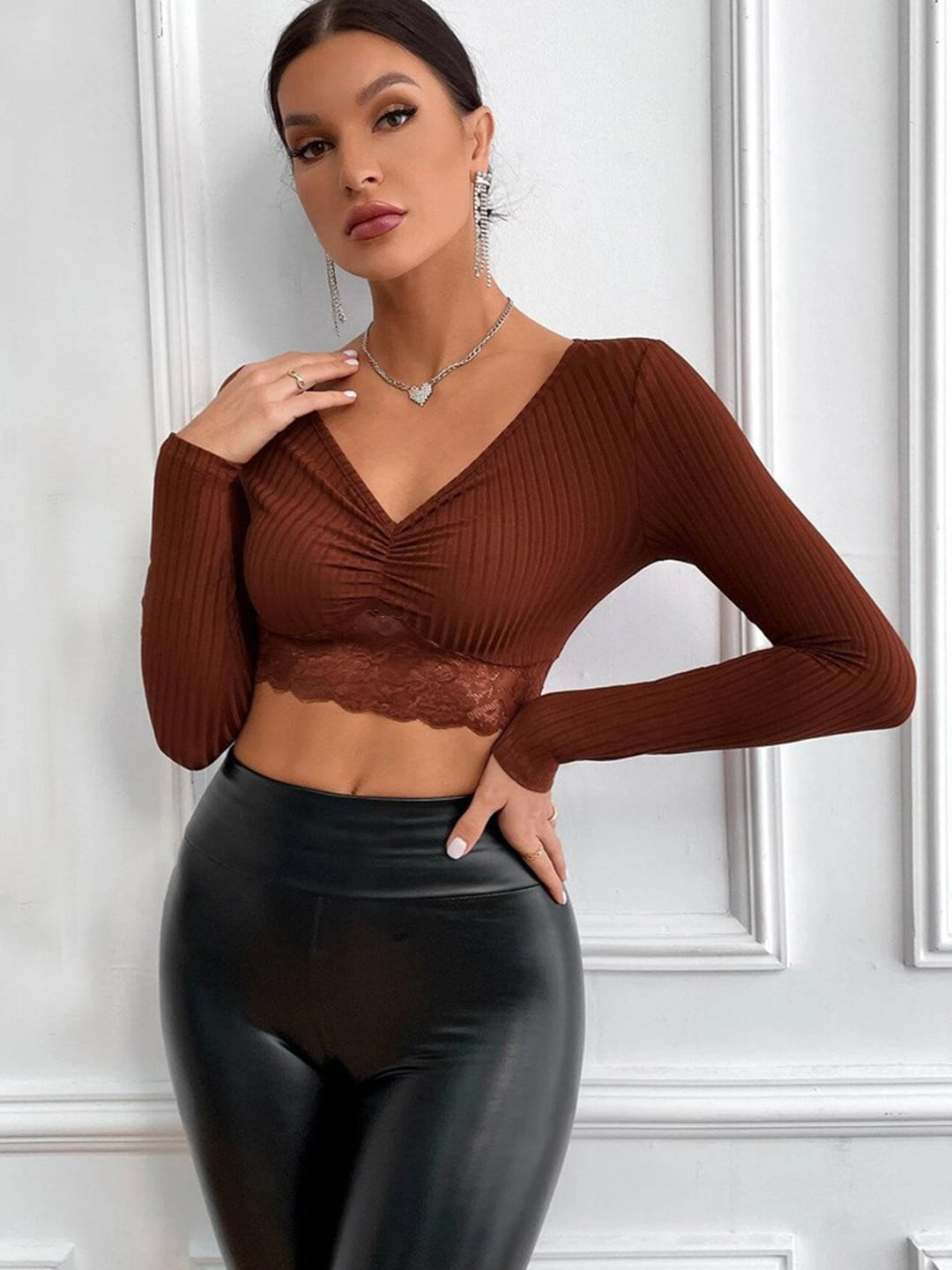 StyleCast Women Brown Striped Long Sleeves Regular Crop Top