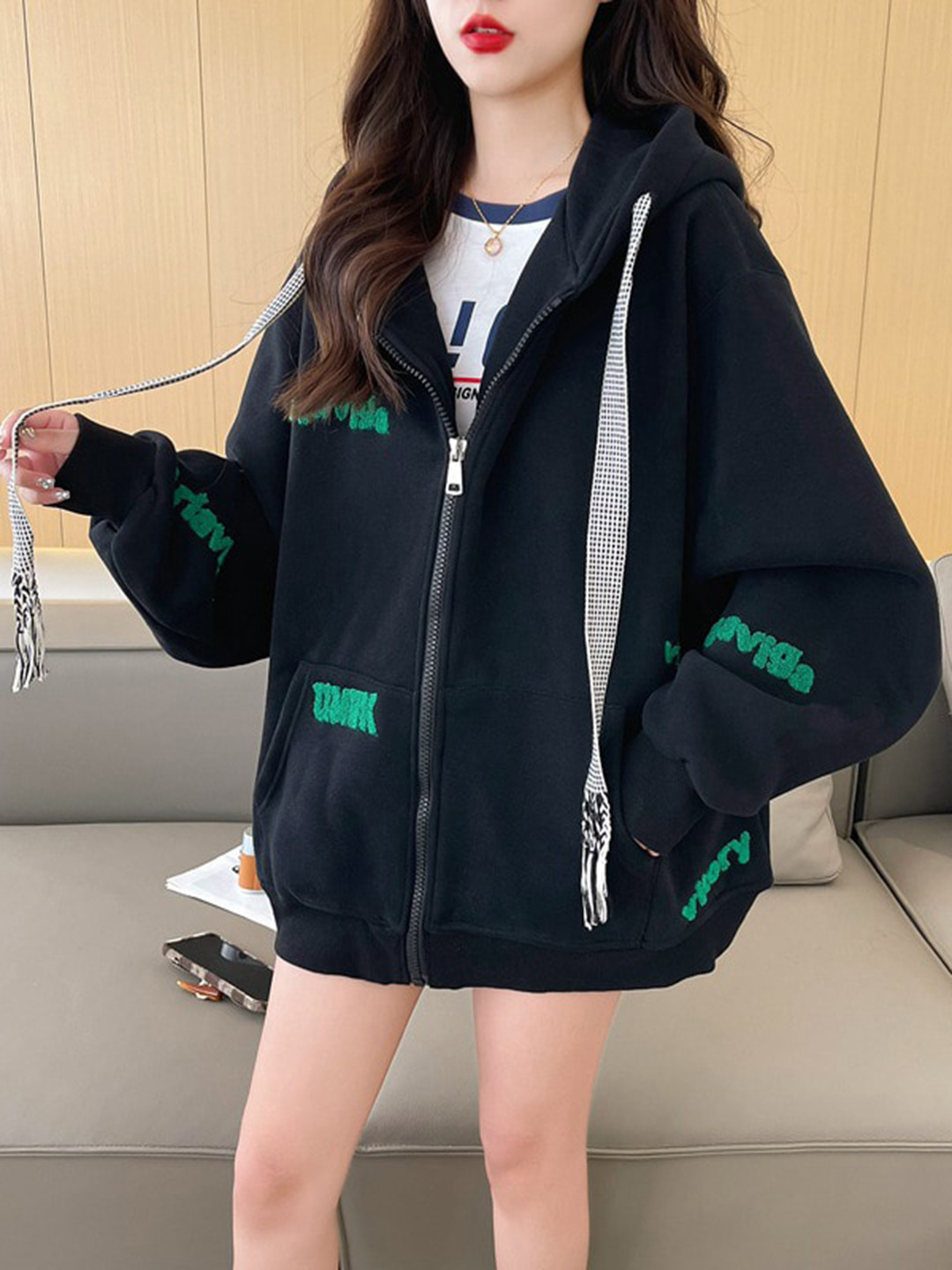 StyleCast Black Hooded Neck Long Sleeve Zip detail Cotton Bomber Jacket