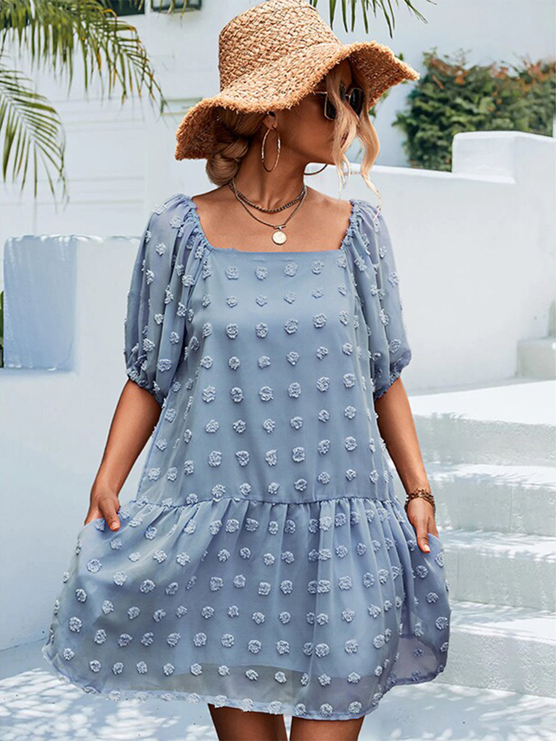 StyleCast Blue Solid Square Neck Knee Length Dress