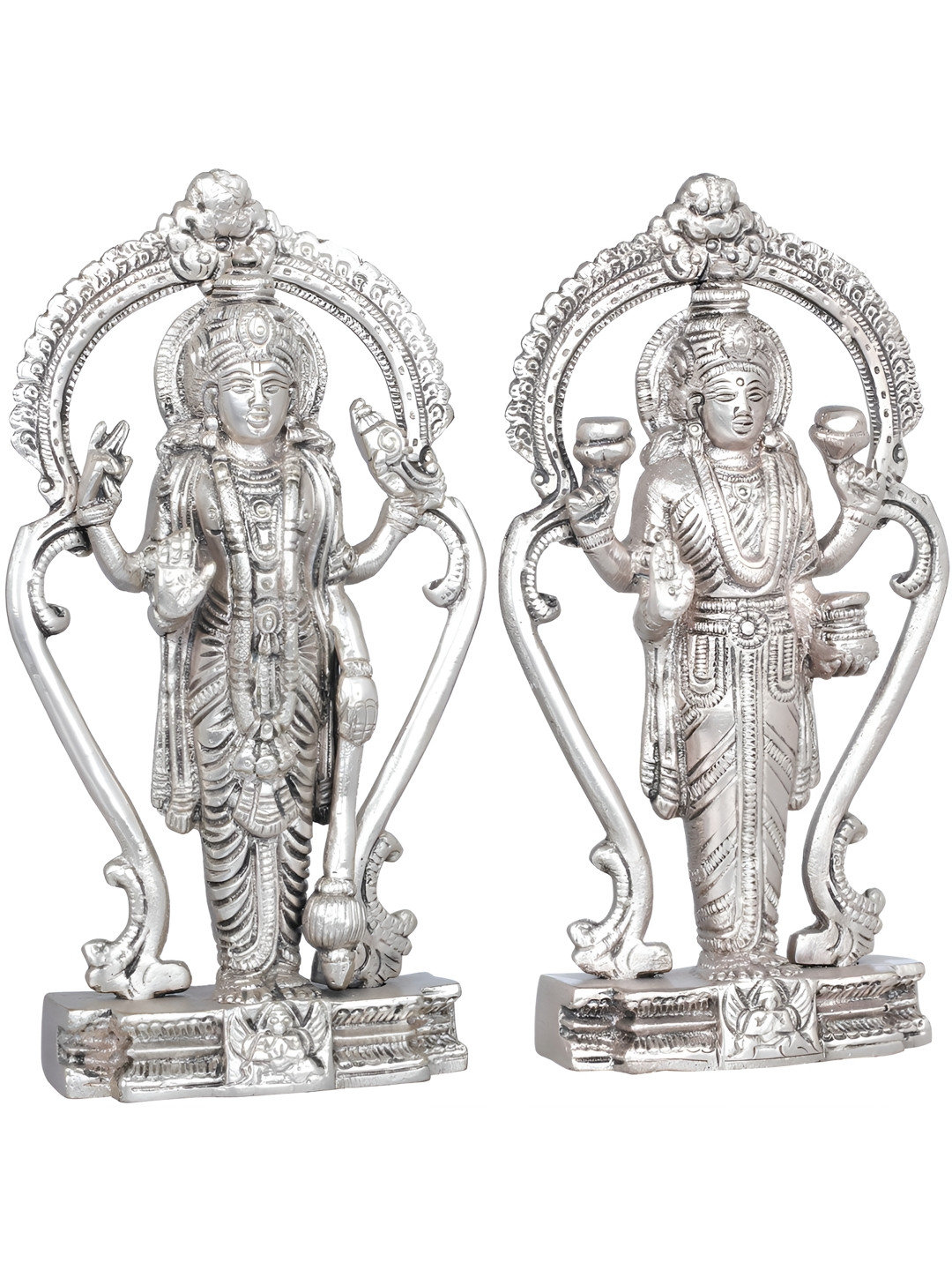 Exotic India Lord Vishnu and Goddess Lakshmi Silver Brass Metallic Prayer Room Hand Made Set of 2 Small Showpieces - 6.6 Inches