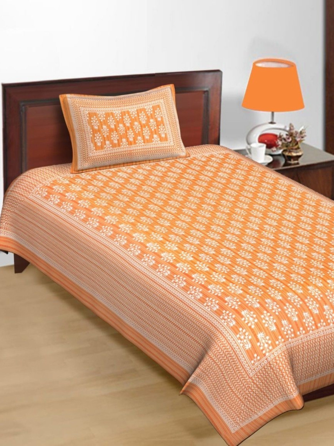 Salgia Premium Orange Floral Cotton 144 TC Single Superfine Bedsheet with a Pillow Cover-89 x 57 inches