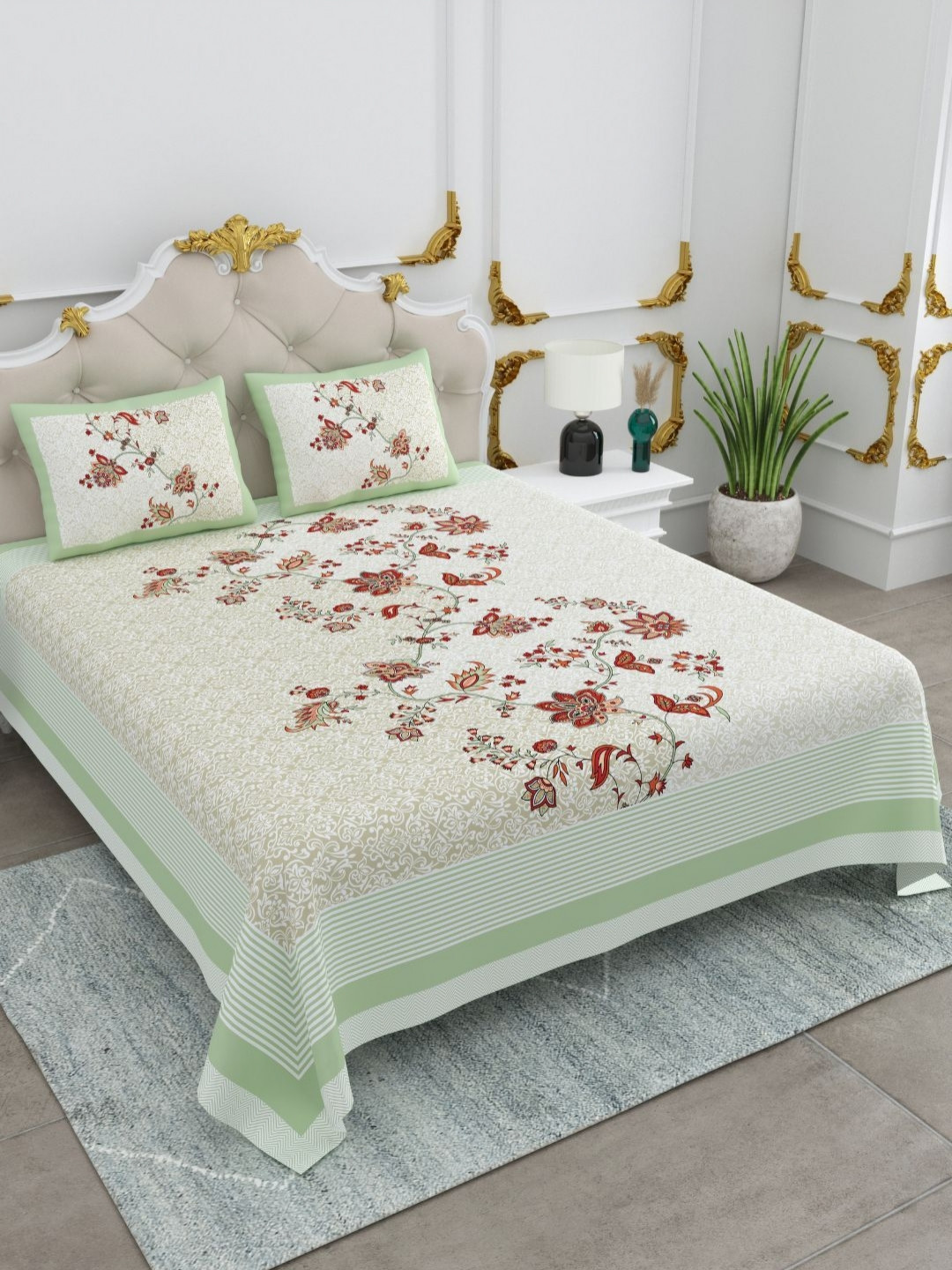 BED-SHEET.COM Grey Floral Cotton 260 TC King Fine Bedsheet with 2 Pillow Covers-274 x 274 cm