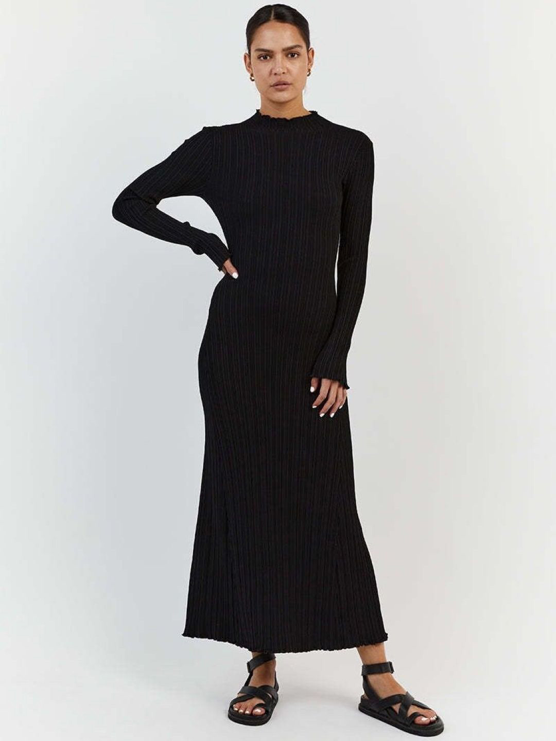 StyleCast Black Striped Round Neck Long Sleeves Maxi Sheath Dress