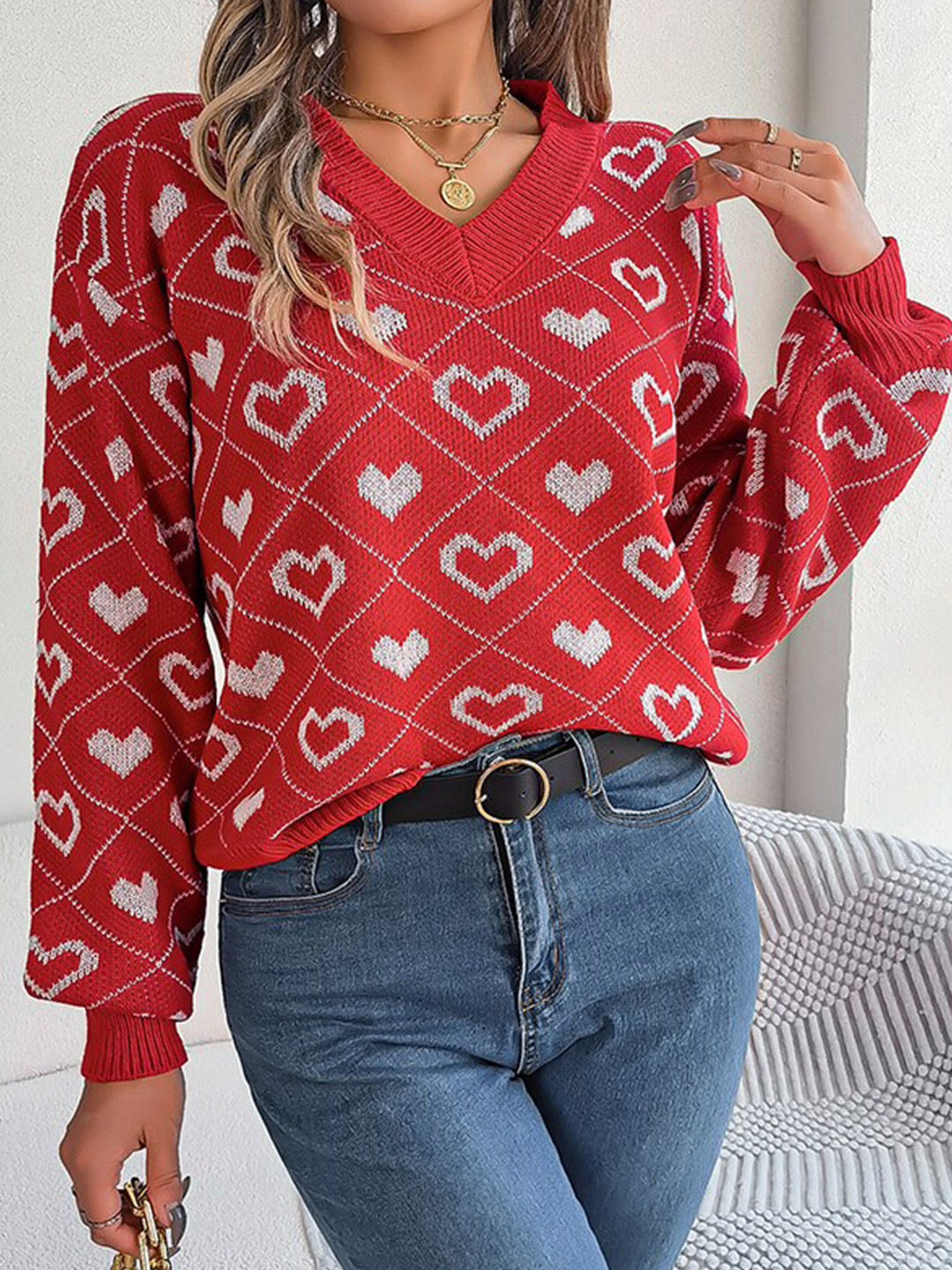 StyleCast Red & White Conversational Printed V-Neck Pullover Sweater