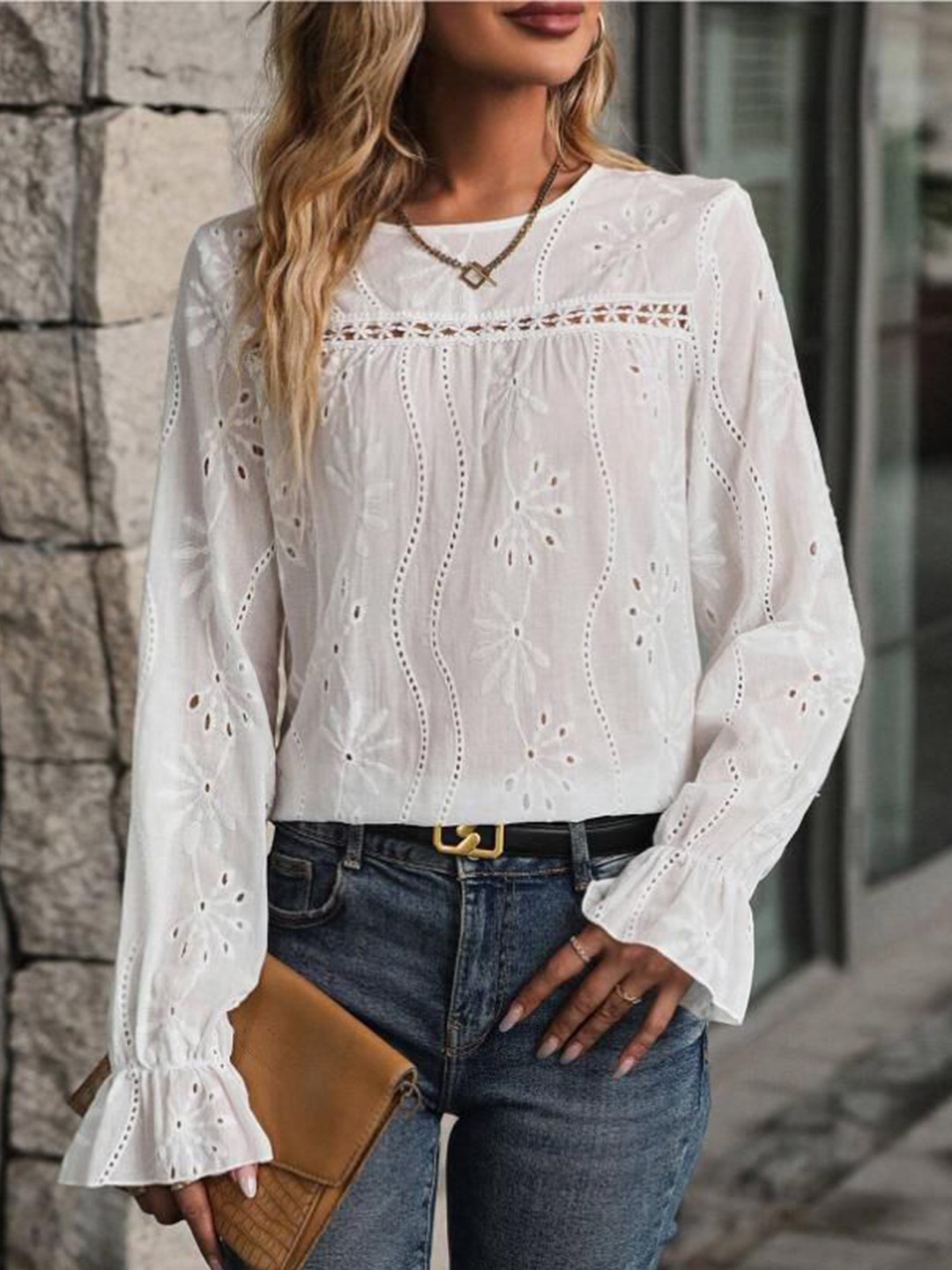 Routes by All About You Women Vertical Striped Bell Sleeve Top