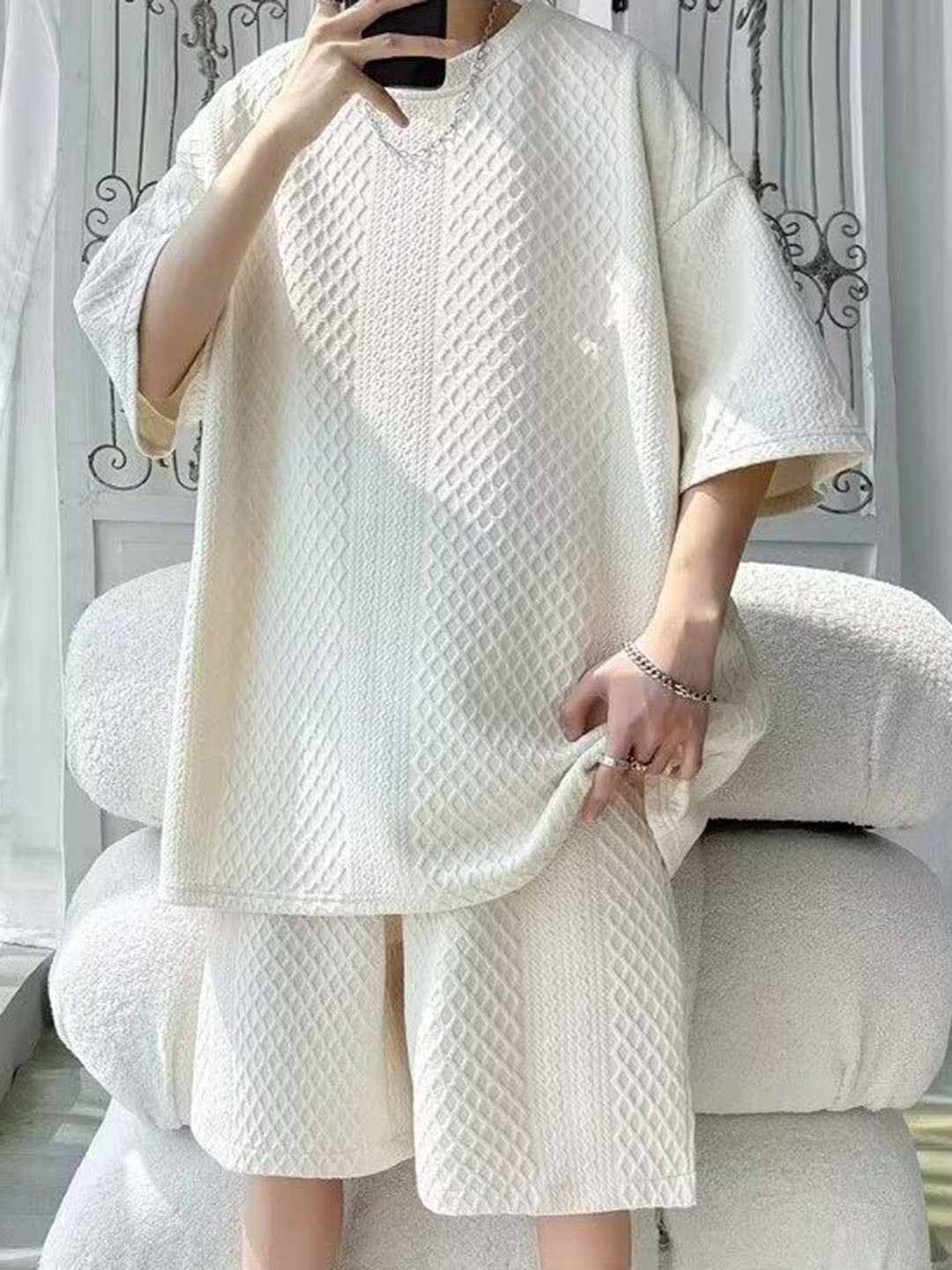 StyleCast Off White Self-Design T-Shirt With Short