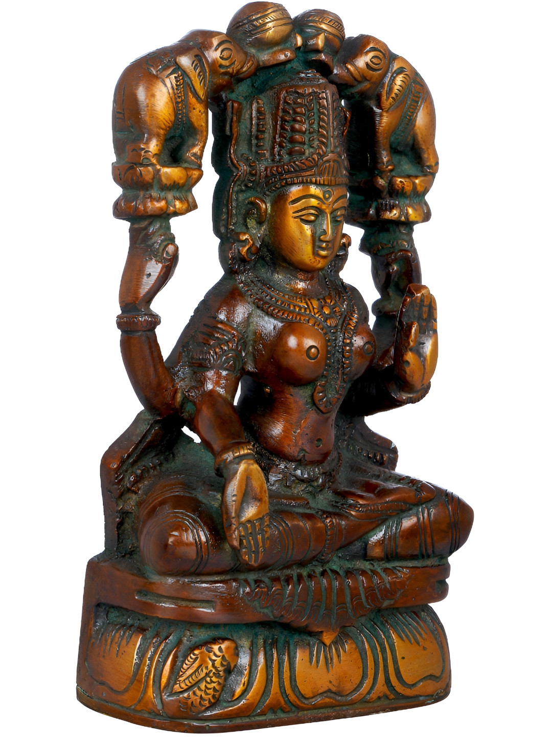 Exotic India Gajalakshmi Brown Brass Metallic Prayer Room Hand Made Small Showpiece - 6 Inches
