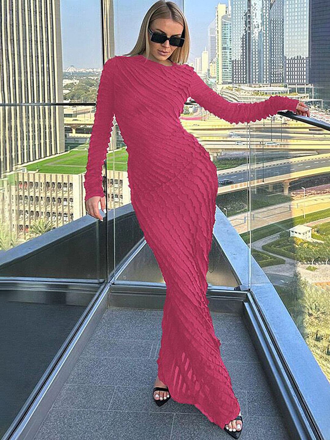 LULU & SKY Rose Self Design Maxi Dress