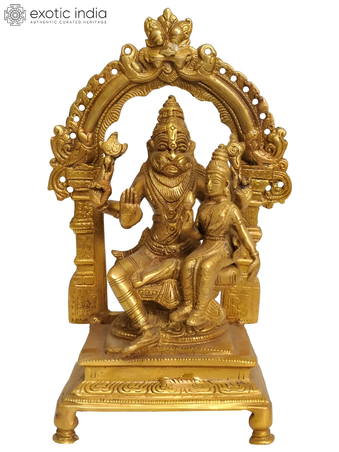 Exotic India Lord Narasimha with Goddess Lakshmi Gold Brass Metallic Prayer Room Medium Showpiece - 8.5 Inches