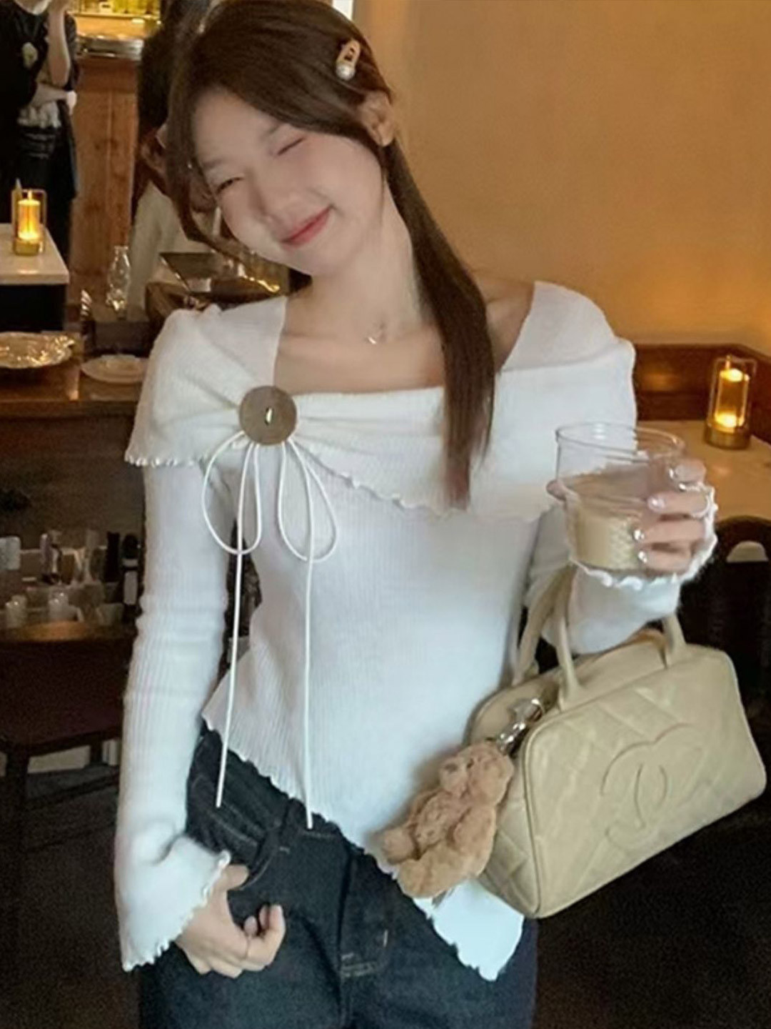 KPOP Women Solid White Bell Sleeve Top