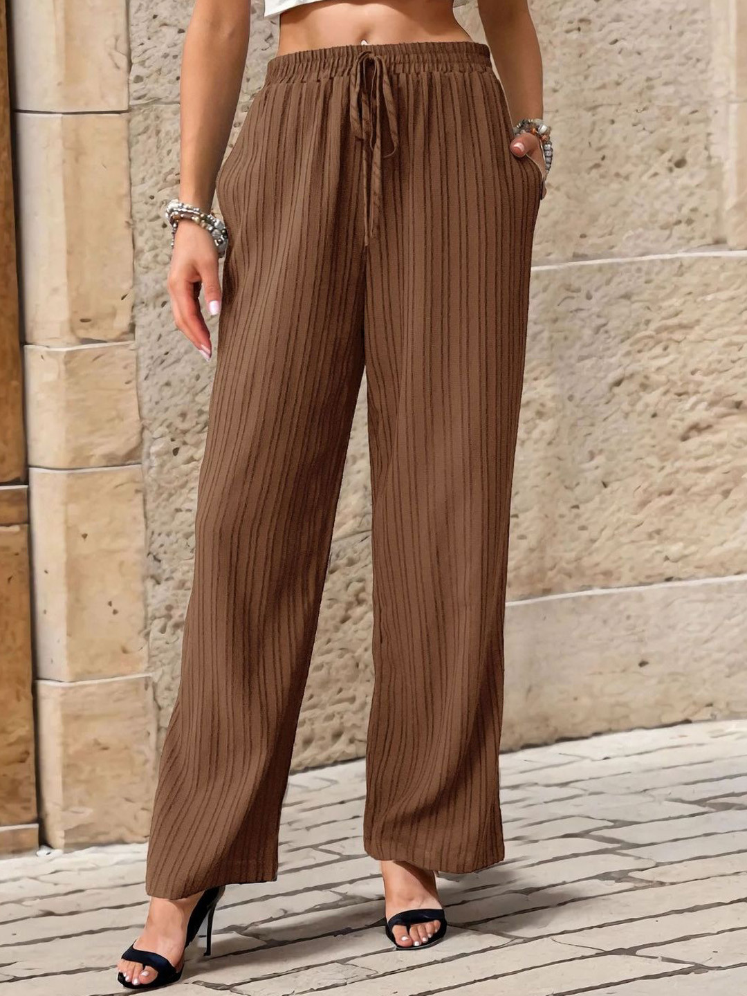 Brown Striped Relaxed Fit Wide Leg Trousers