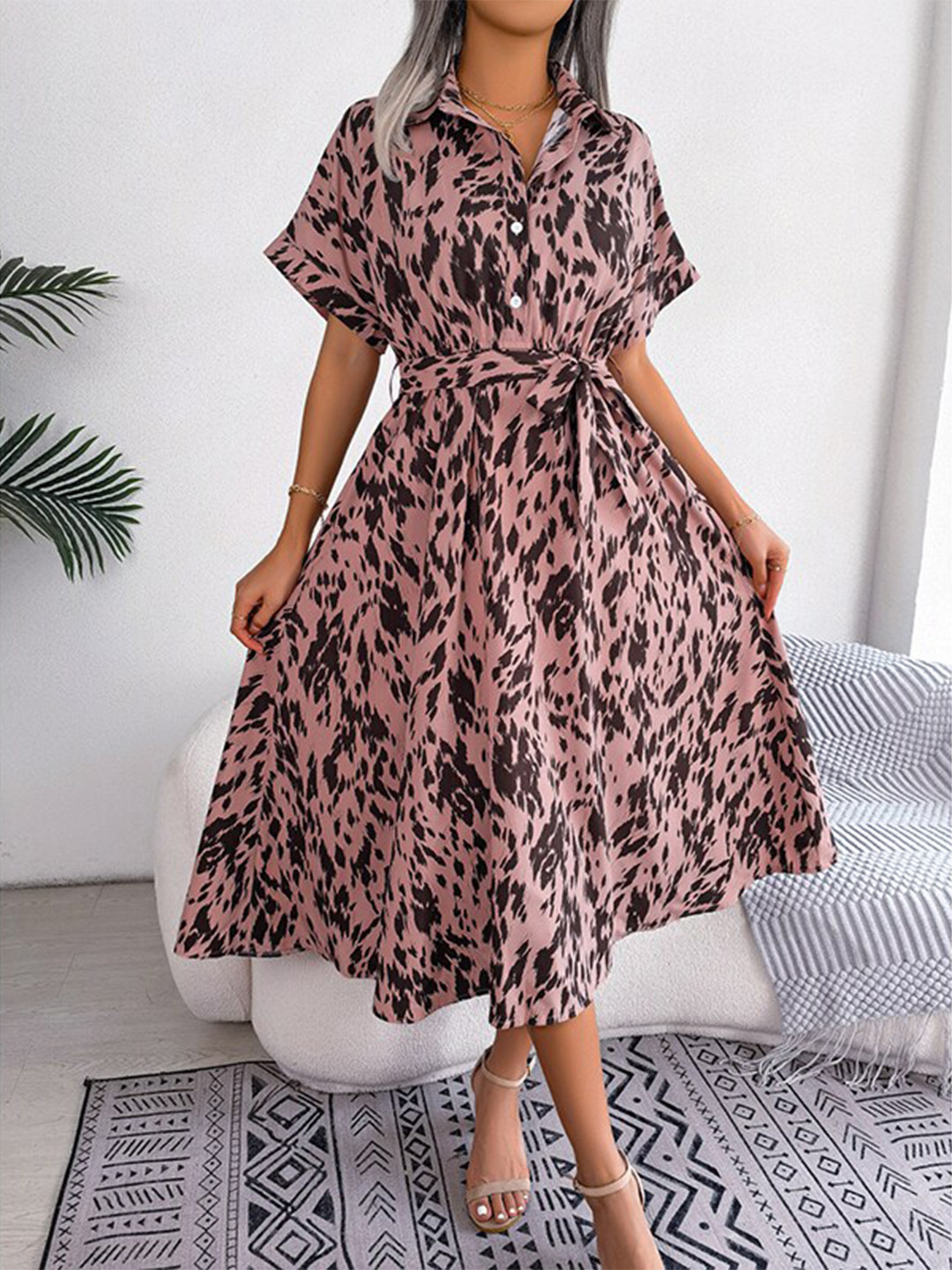 StyleCast x Revolte Animal Printed Shirt Collar Extended Sleeves Fit & Flare Midi Dress