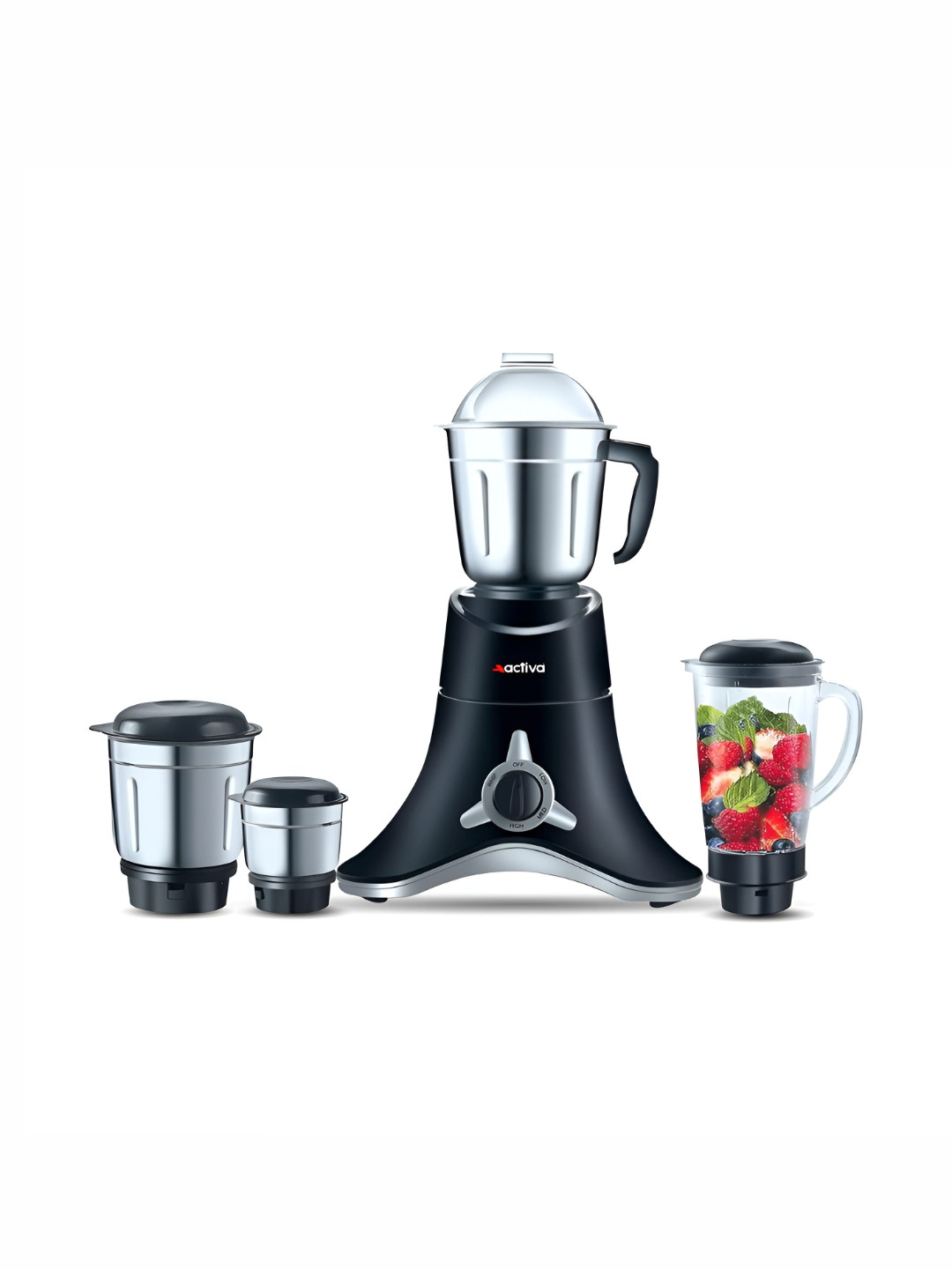 Activa Super Chef Black Stainless Steel Anti Slip Rubber Feet 4 Jars Wet and Dry Grinder with Juicer-900W